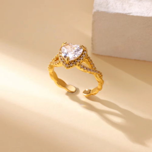 Anillo Ajustable de Diamante en forma de Corazón - Dorado - ANI171