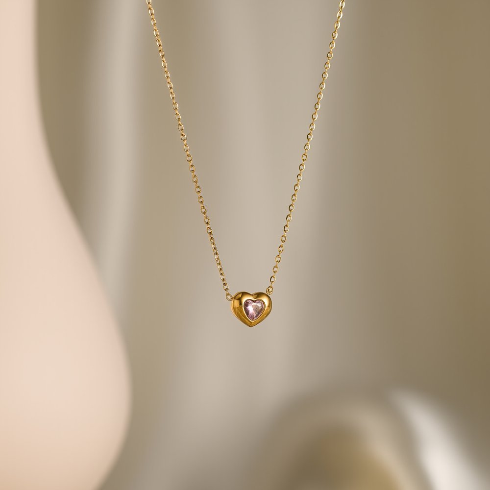 Collar Estilo Corazón con Diamantes Incrustrado Rosa - Dorado - COL299