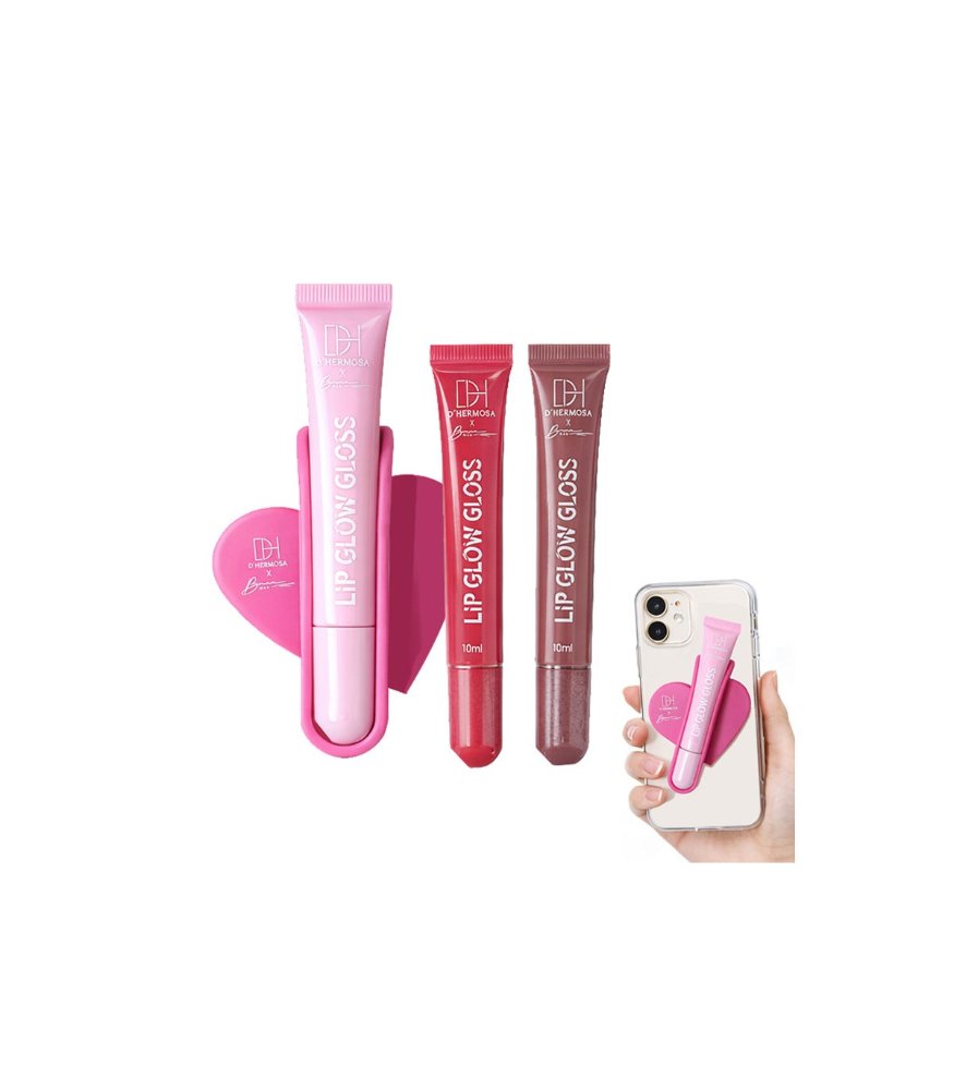Set 3 Lip Glow Gloss Dhermosa x Bruna Wan | Brillo Hidratante + Porta Gloss Adhesivo