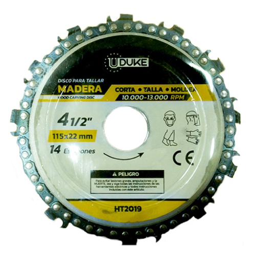 DISCO CON CADENA DE MOTOSIERRA  PARA CORTE Y DESBASTE DE MADERA 115 X 22MM UDUKE (HT2019)