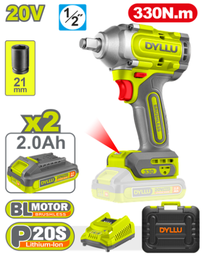PISTOLA IMPACTO INALAMBRICA 1/2 20V 330NM INCLUYE 2 BATERIAS 2.0AH 1 CARGADOR DYLLU