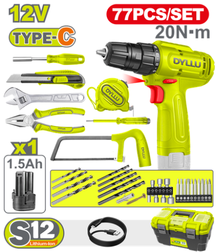 TALADRO INALAMBRICO 3/8 (10MM) 12V + KIT DE HERRAMIENTAS 77 PZS DYLLU