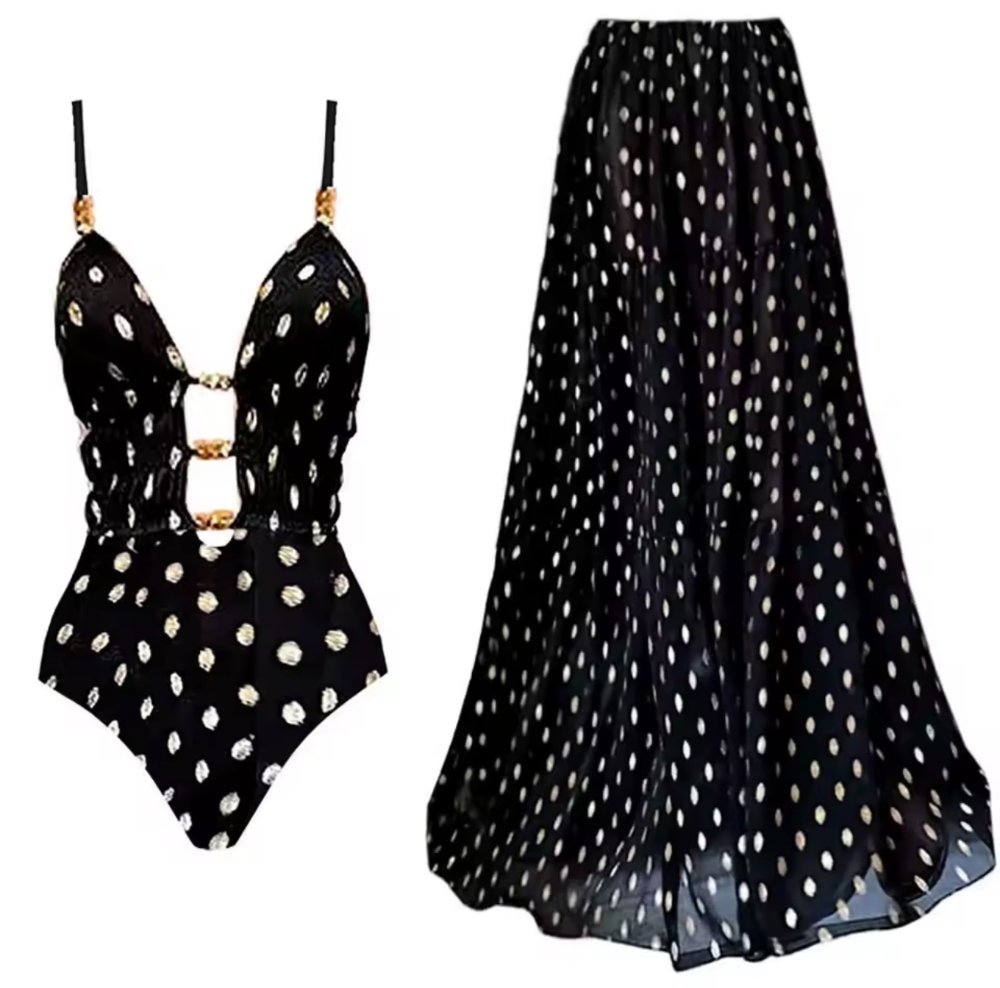 Traje de Baño 2 piezas body completo falda POLKA DOT negro tirantes