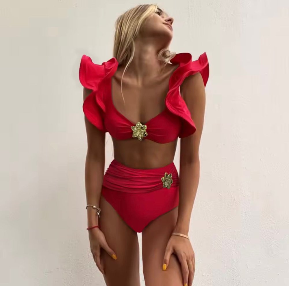 Traje de Bano de 2 piezas rojo detalle dorado