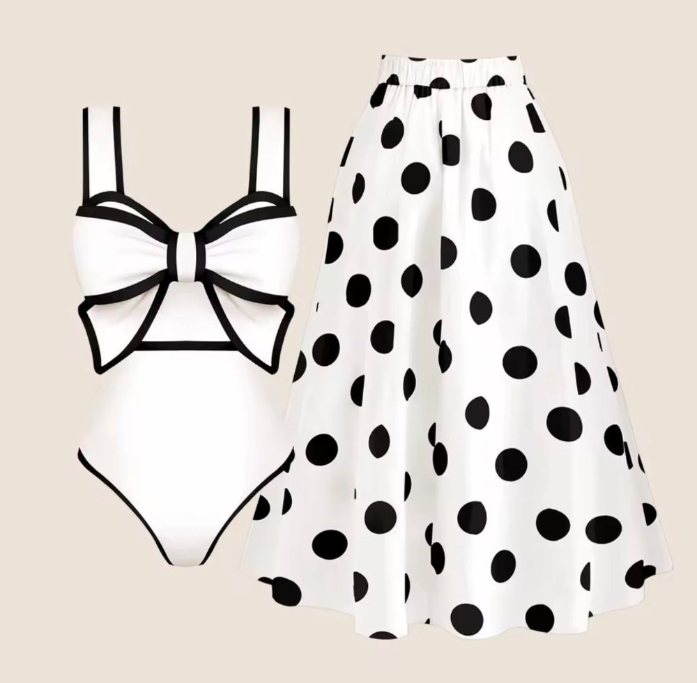 Traje de Bano de 2 piezas body completo y falda POLKA DOT blanco detalle chongo en pecho