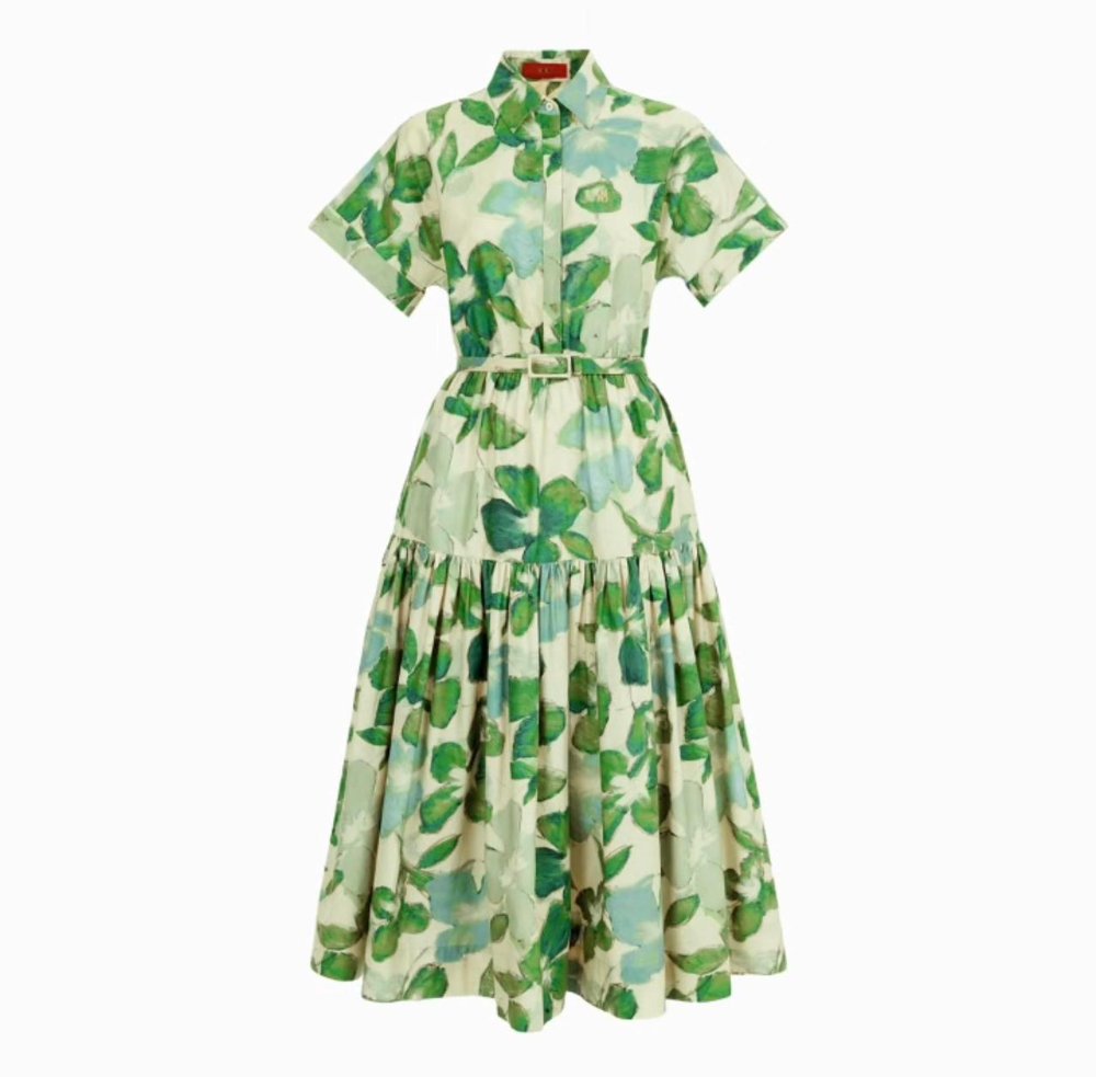 Vestido midi floreado verde y beige detalle de faja CH