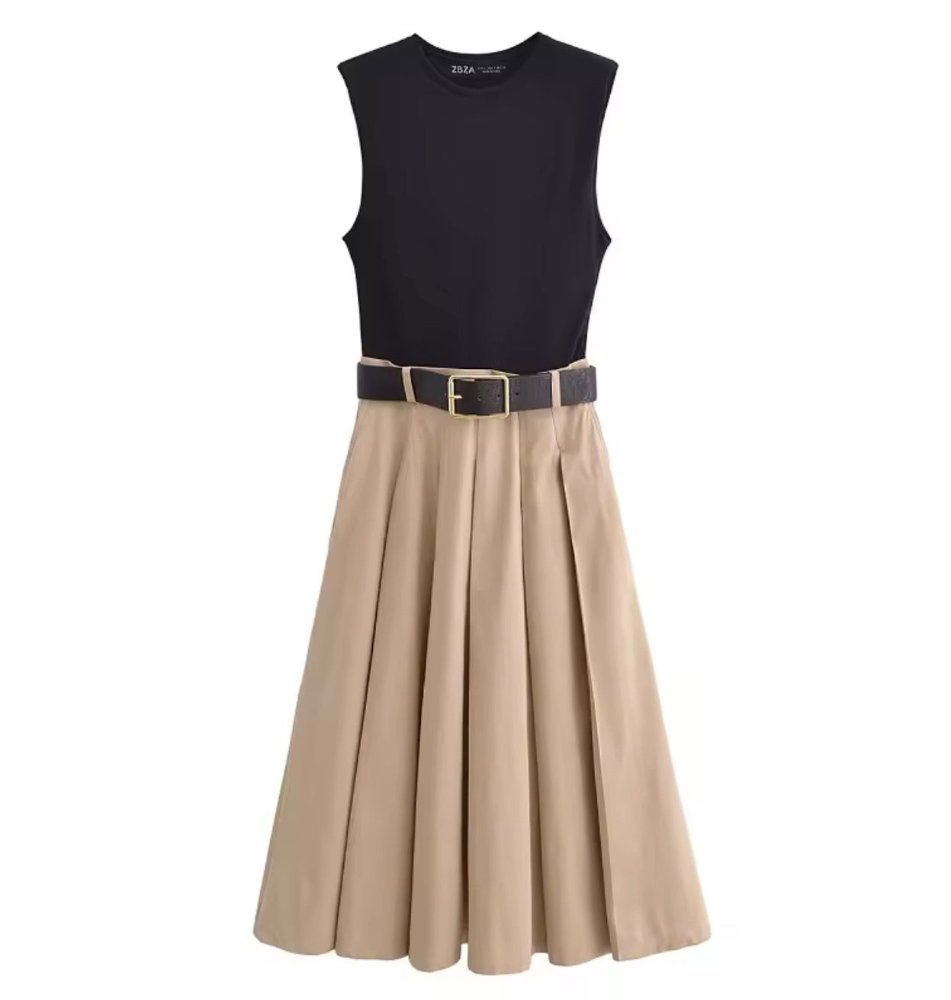 Vestido sin mangas torso negro falda beige detalle de faja
