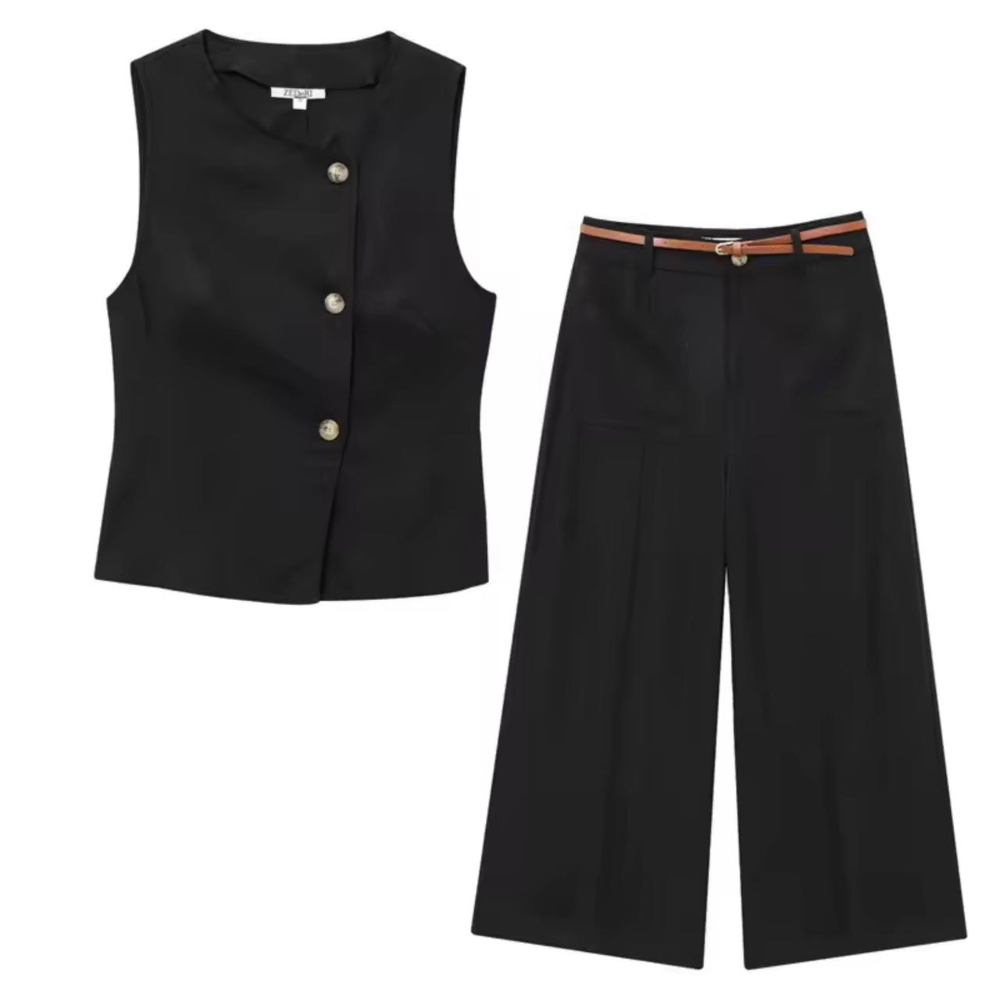 Conjunto 2 piezas top sin mangas y pantaloneta pierna ancha negro detalle de faja