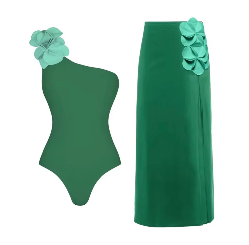 Traje de baño 2 piezas body completo falda verde una manga detalle de petalos