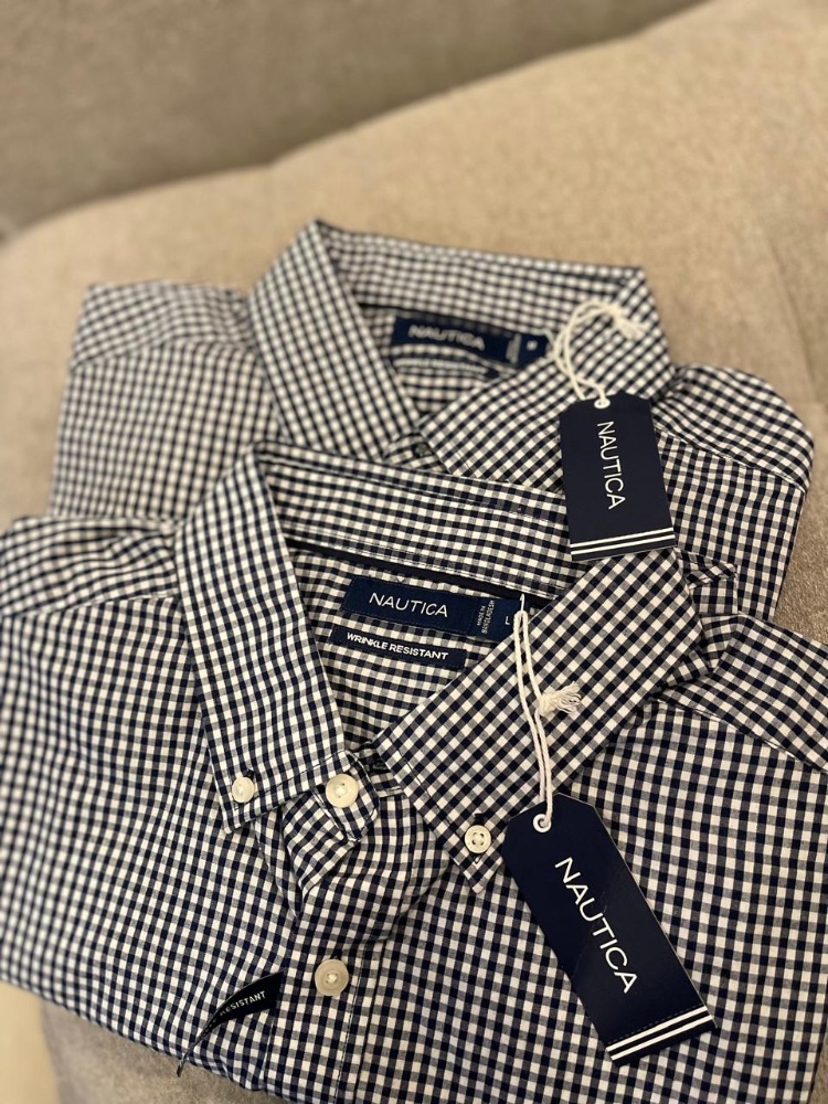 Camisa botones manga corta azul cuadriculada NAUTICA