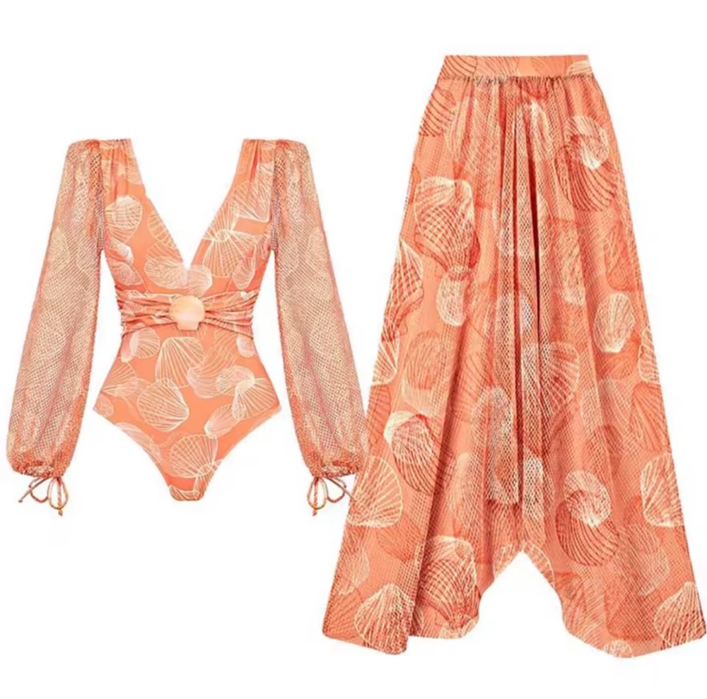Traje de Baño de 2 piezas body completo falda naranja detalle de malla