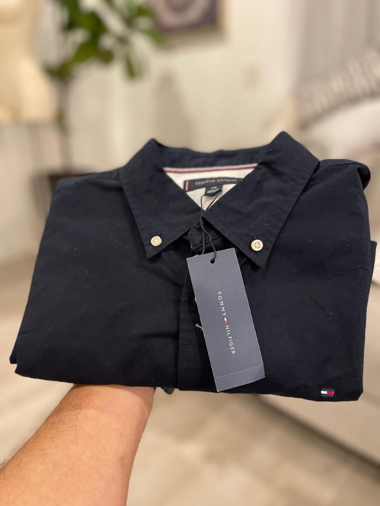 Camisa botones azul oscuro manga corta tela OXFORD TOMMY H Talla L