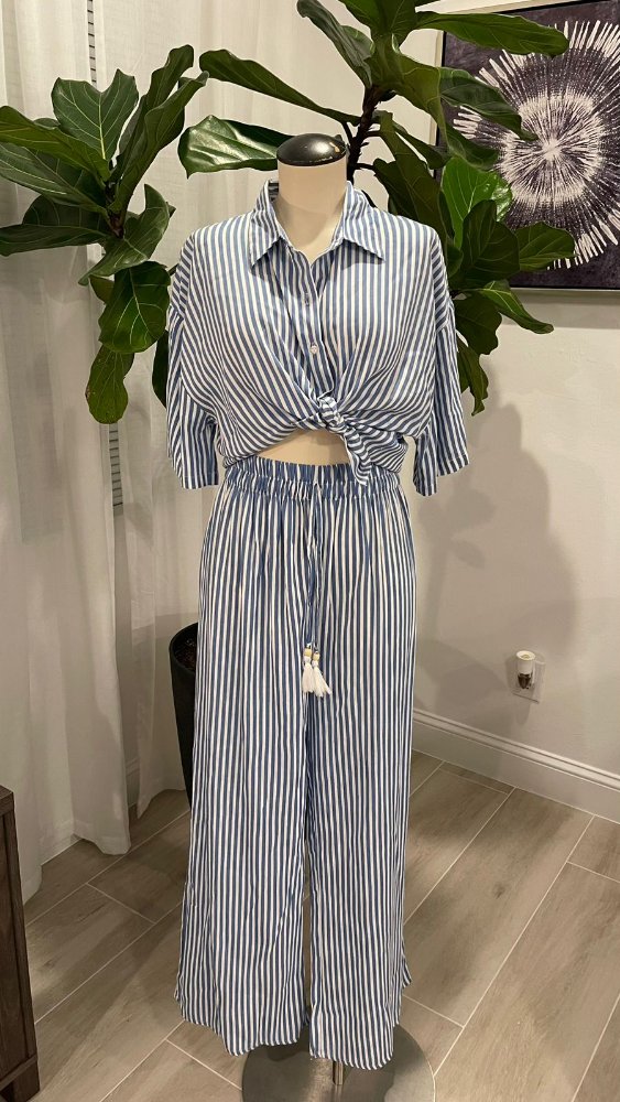 Conjunto 2 piezas camisa y pantaloneta azul rayas blancas TURKS & CAICOS TXL