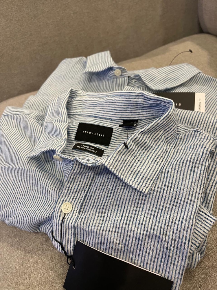 Camisa manga Larga azul rayas blancas lino PERRY ELLIS TLXL