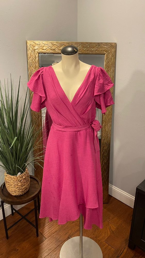 Vestido midi rosado fucsia detalle amarrar DKNY Talla 12