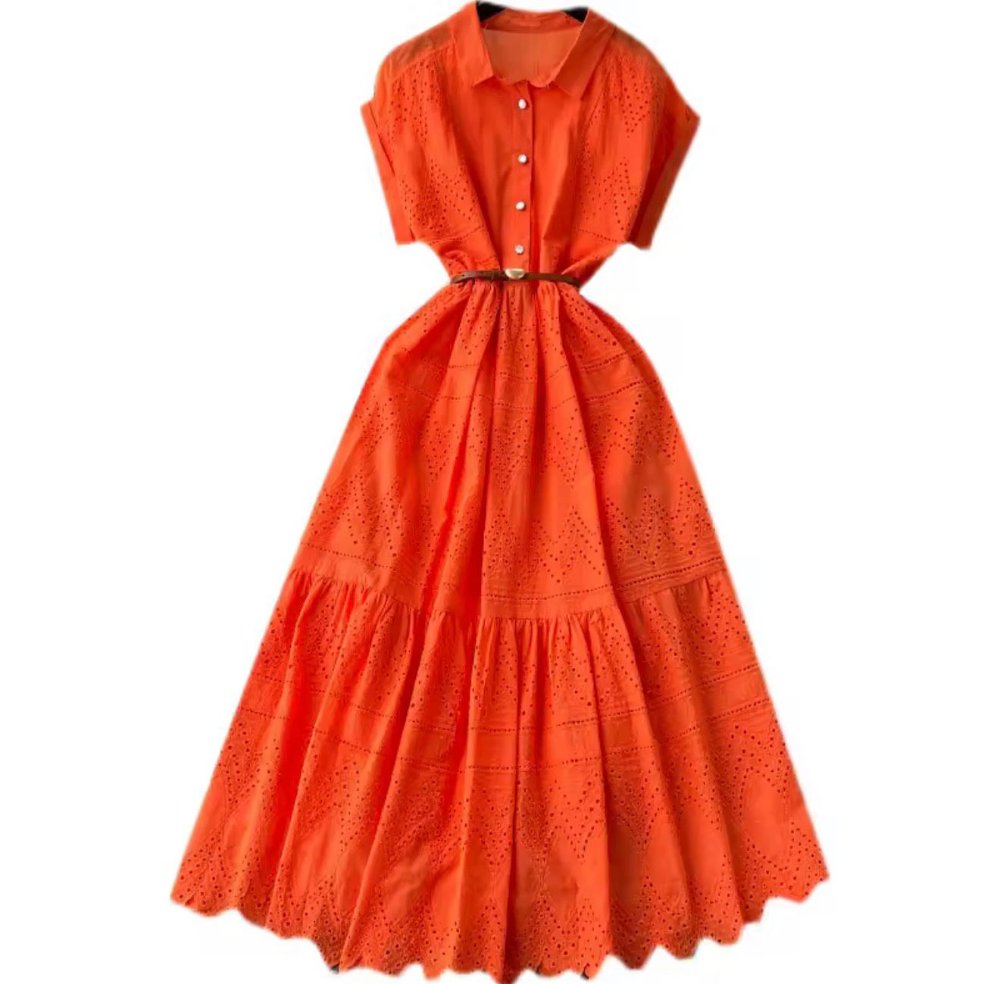 Vestido maxi manga corta tela bordada detalle de faja 3 colores ONE SIZE