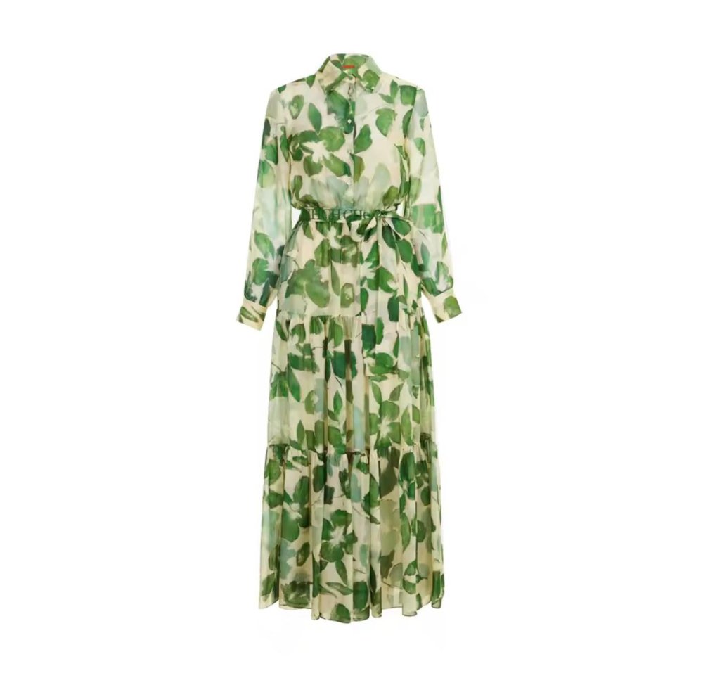 Vestido maxi manga larga floreado verde y beige CH
