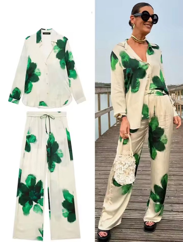 Conjunto camisa manga larga pantaloneta saten de 2 piezas floreado 2 colores