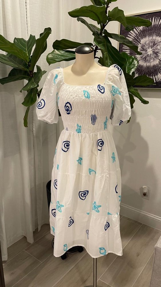 Vestido midi blanco de tiempos borados de mar en azul KINDRED T2X