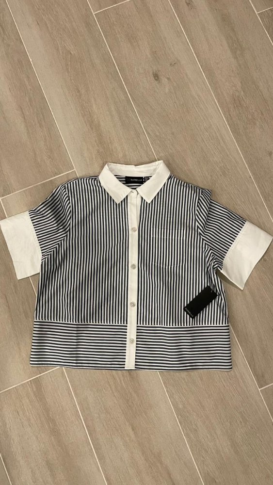 Blusa manga corta rayas azul y blanco ribete blanco RAFAELLA TML