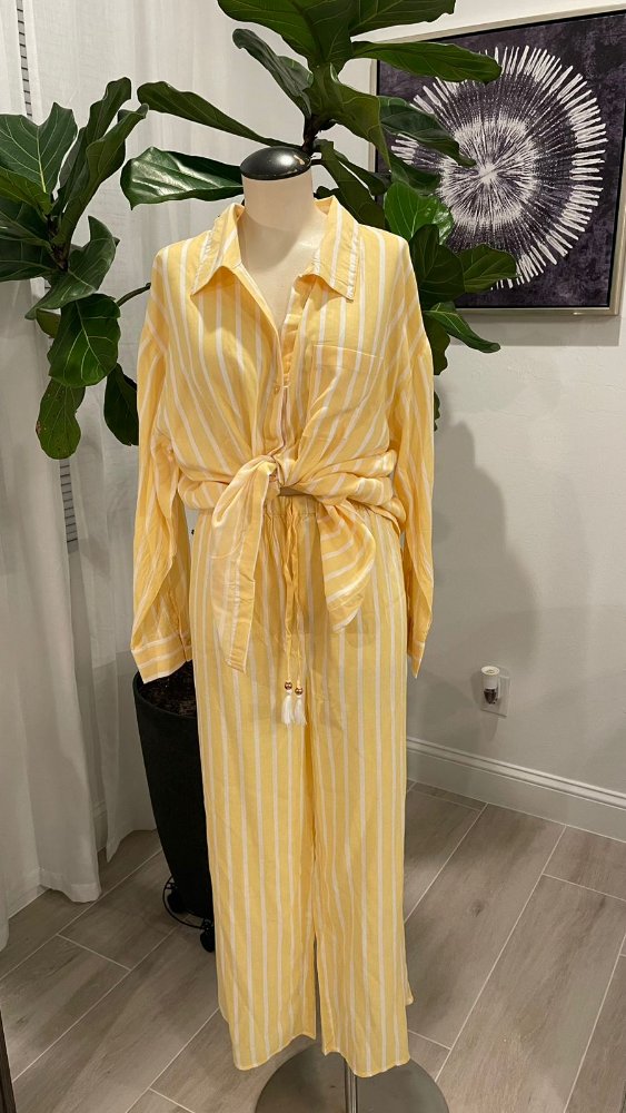 Conjunto 2 piezas camisa manga larga y pantaloneta amarilla rayas blanca SALTY LEMON TL
