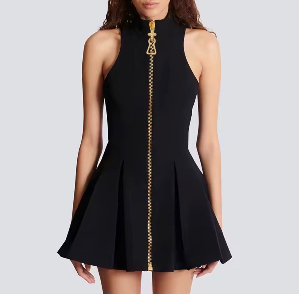 Vestido Negro corto sin mangas detalle LOCK y zipper dorado Twotwinstyle
