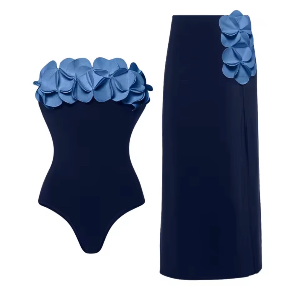 Traje de Baño de 2 piezas body completo falda azul straples detalle petalos