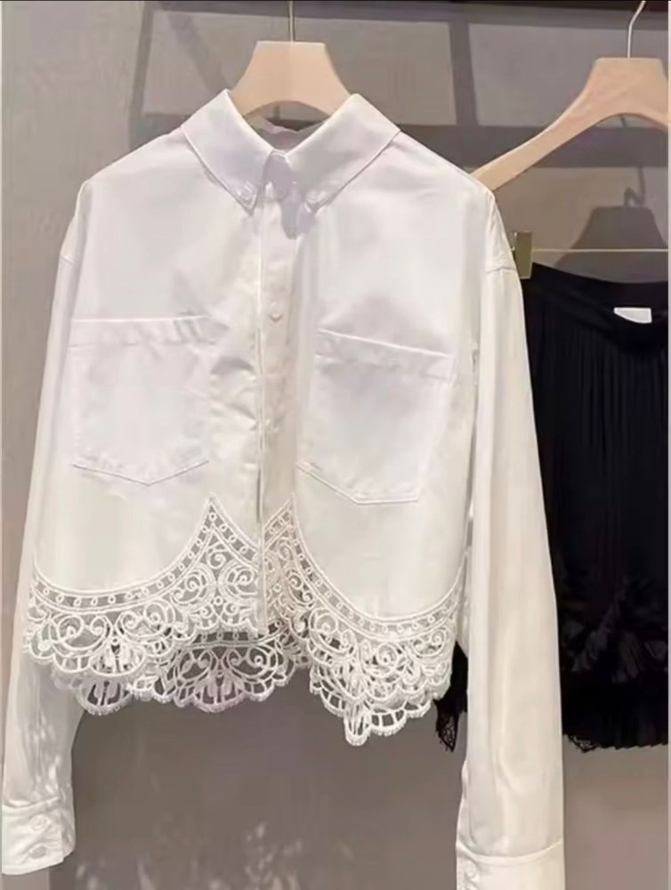 Blusa manga larga blanca botones detalle de encaje
