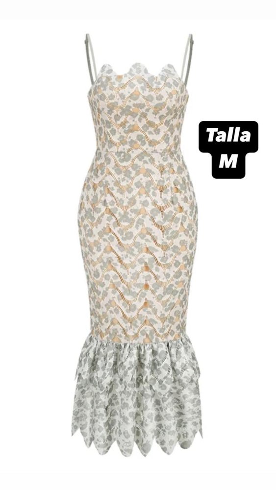 Vestido al cuerpo de tirantes tela encaje verde y blanco con forro beige Talla M