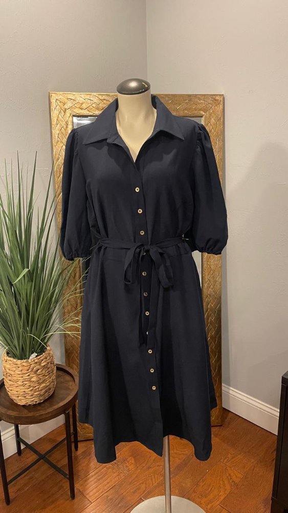 Vestido midi azul marino detalle faja botones dorados SHARAGANO T1014