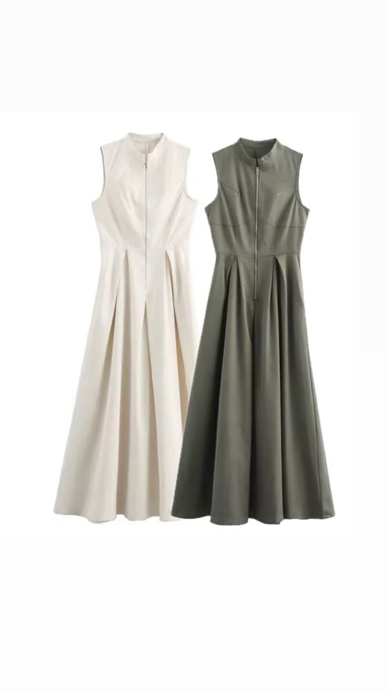 Vestido midi sin mangas detalle de zipper largo en pecho 2 colores