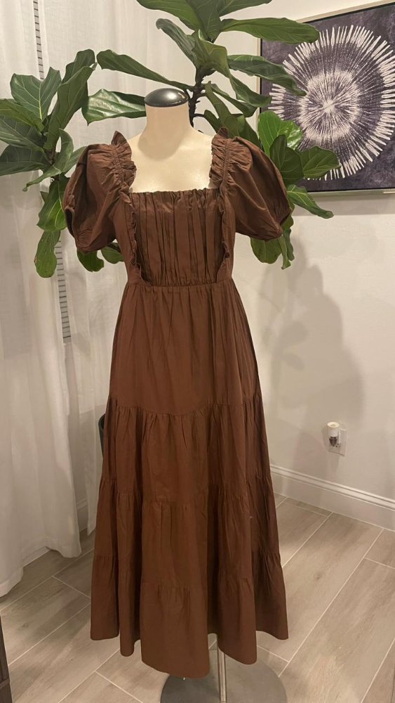 Vestido maxi cafe detalle fruncido en pecho KINGS ROAD TML