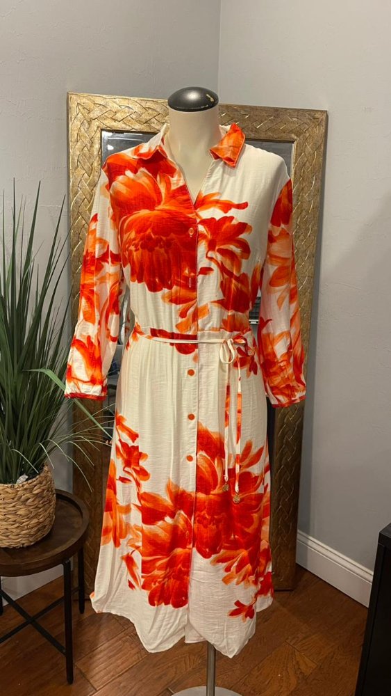 Vestido midi beige floreado naranja detalle de faja MLLE GABRIELLE TMLXL
