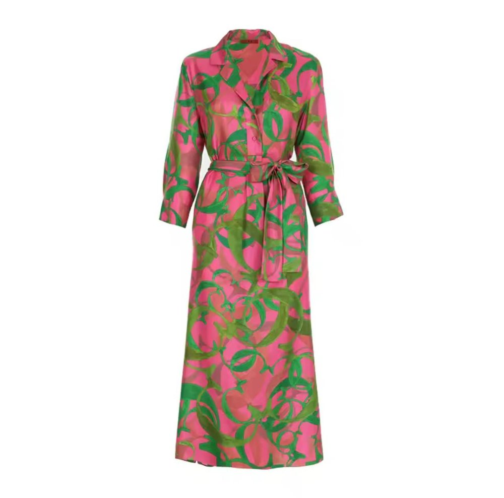 Vestido midi saten floreado fucsia con verde CH