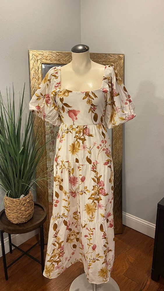 Vestido Maxi floreado beige amarillo y rosado KINGS ROAD TL