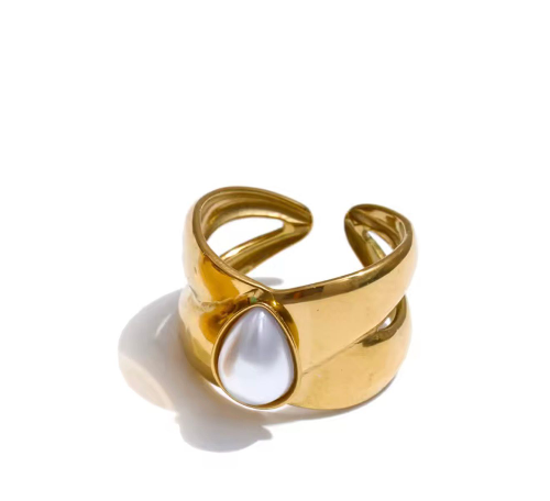 Anillo dorado grande ajustable piedra pequena blanca