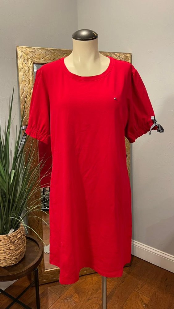 Vestido corto tipo camisa larga detalle chongo en mangas TOMMY H TazulMrojoL