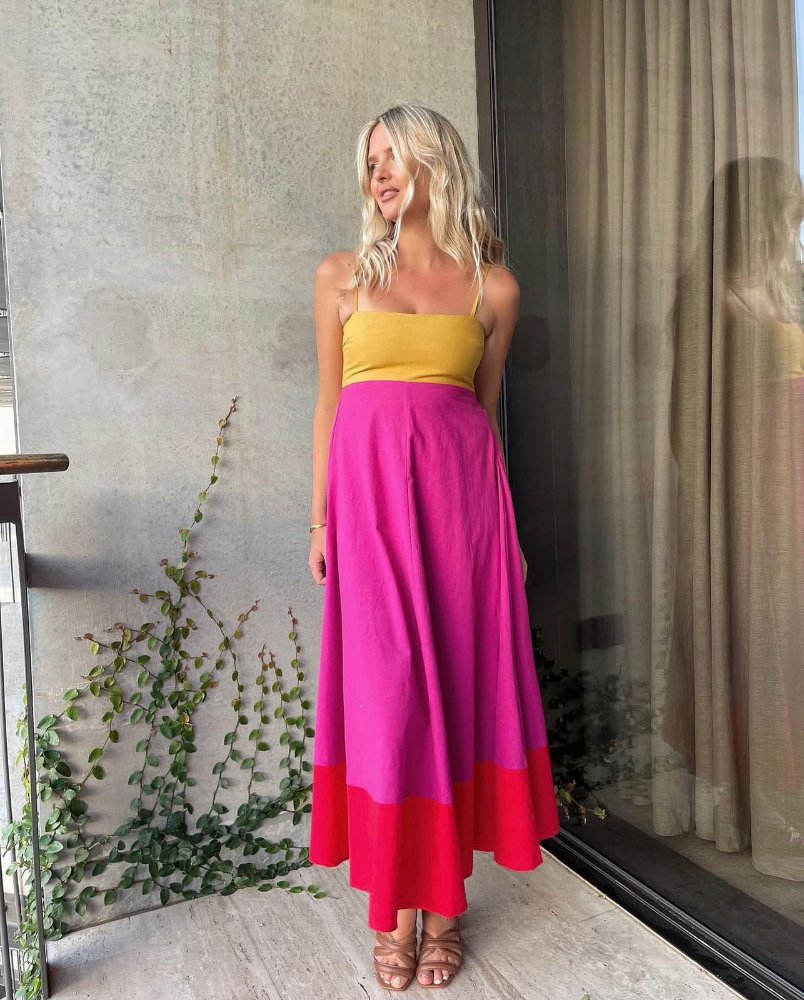 Vestido de tirantes maxi falda ancha detalle de 3 colores