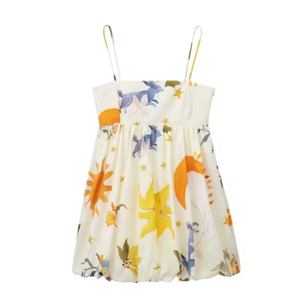 Vestido de tirantes corto detalle print de sol y conejo