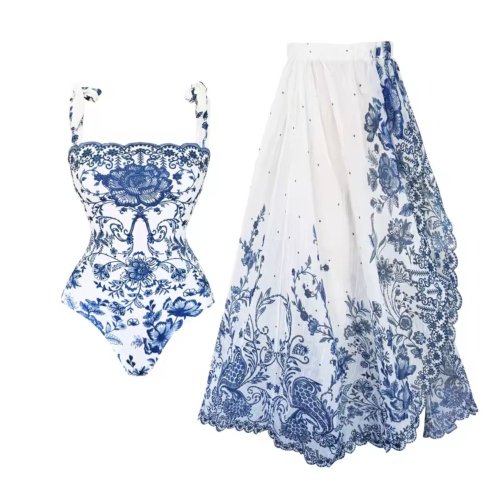 Traje de Bano de 2 piezas body completo y falda blanca con estampado azul