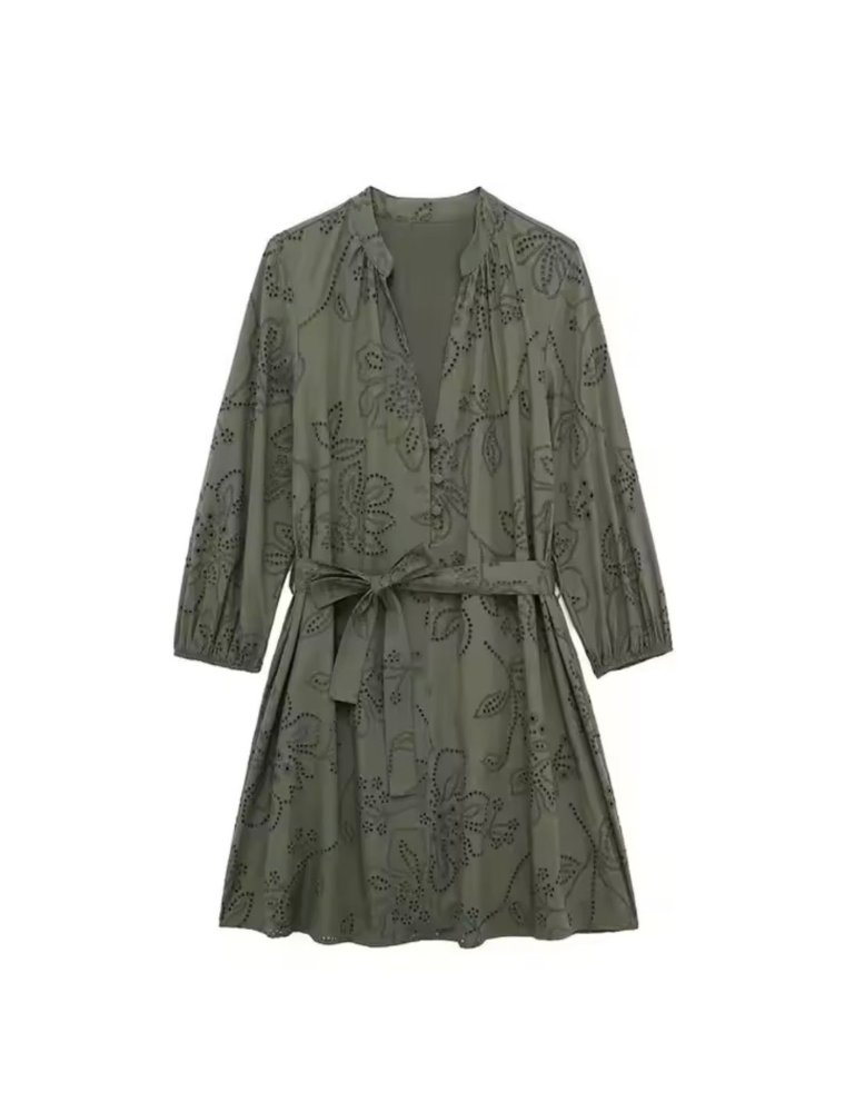 Vestido corto manga larga tela bordada verde olivo faja de tela