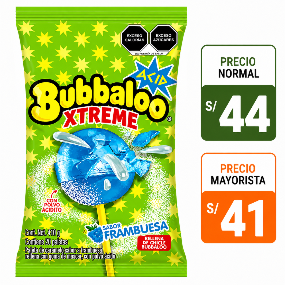 A053 Bubbaloo Xtrem Frambuesa 20 pzas 410gr
