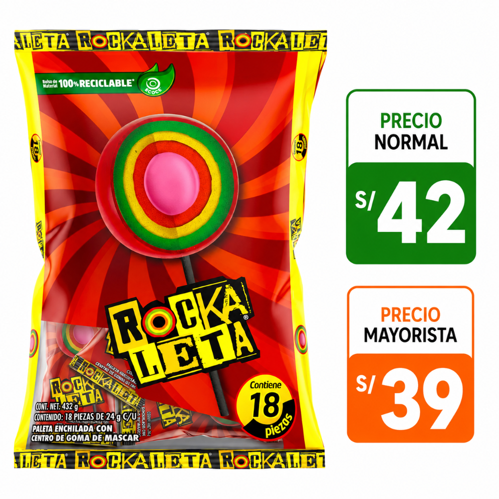 A069 Rocka leta 18pzs paleta enchilada con centro de goma de mascar 250gr