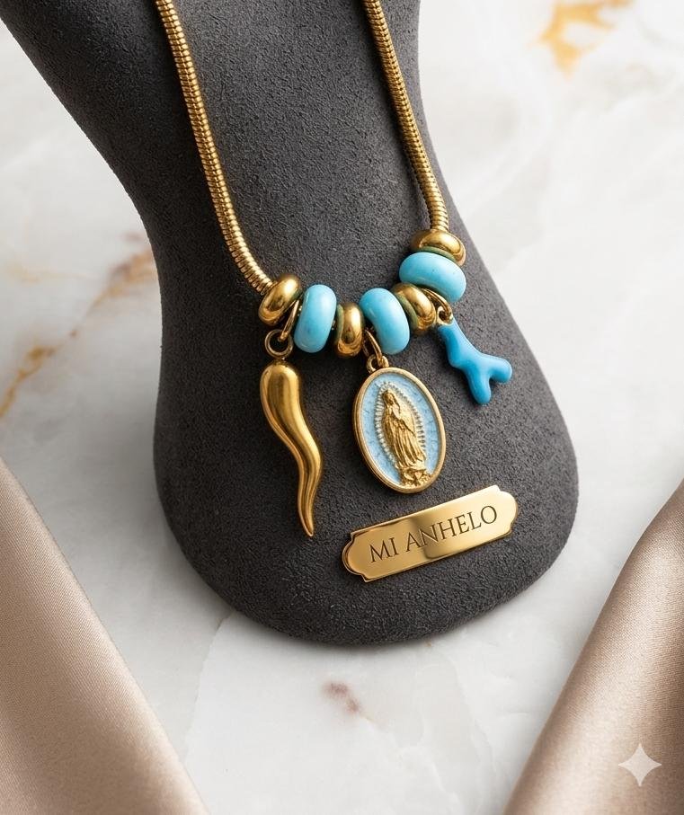 Pulsera de la virgen guadalupe azul claro, cuerno y rama azul