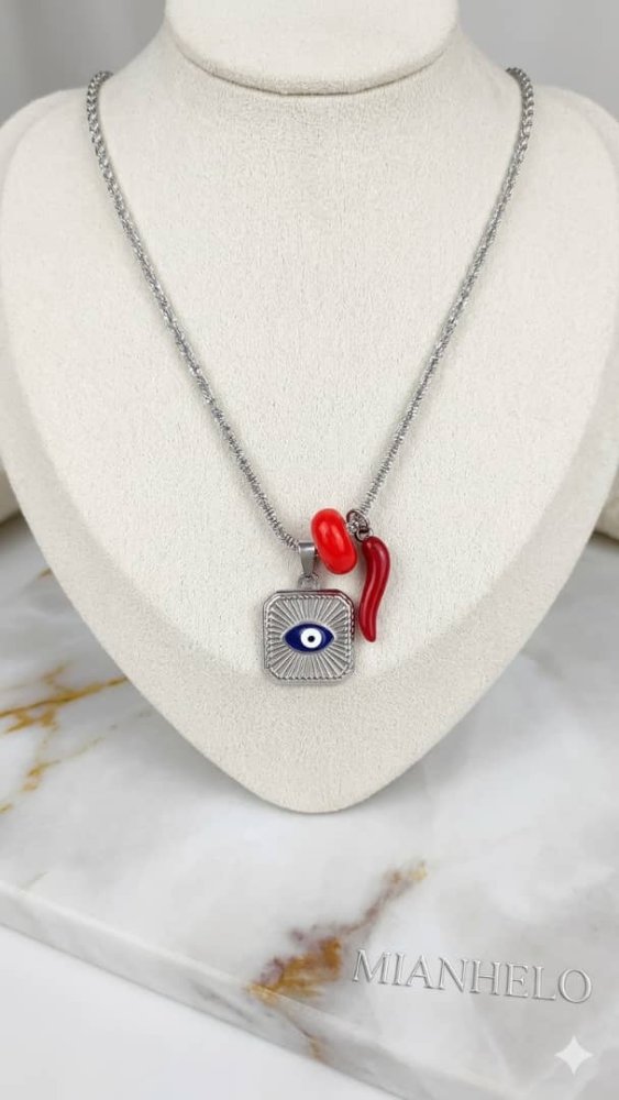 Collar cuerno rojo y ojo turco cuadrado plateado