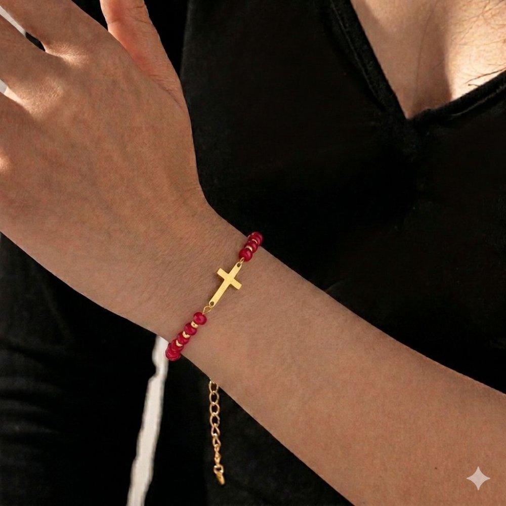 pulsera de piedra murano roja de cruz