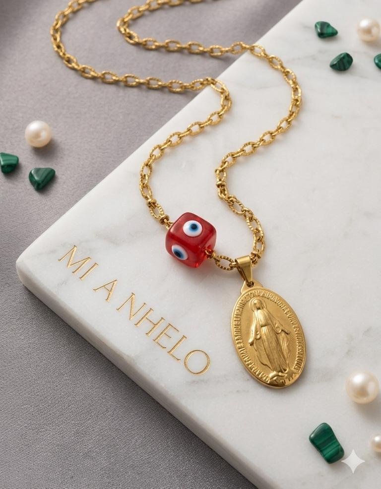 Collar virgen la milagrosa y ojo turco cuadrado en resina rojo