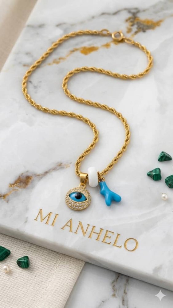 Collar ojo turco con circones y rama azul