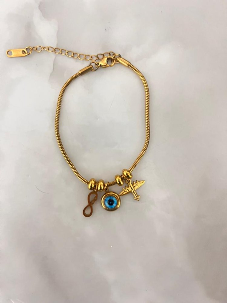Pulsera con dije infinito,ojo turco y avion pequeño