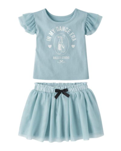Conjunto Blusa y Falda tutu celeste de niña con lazo negro 4T